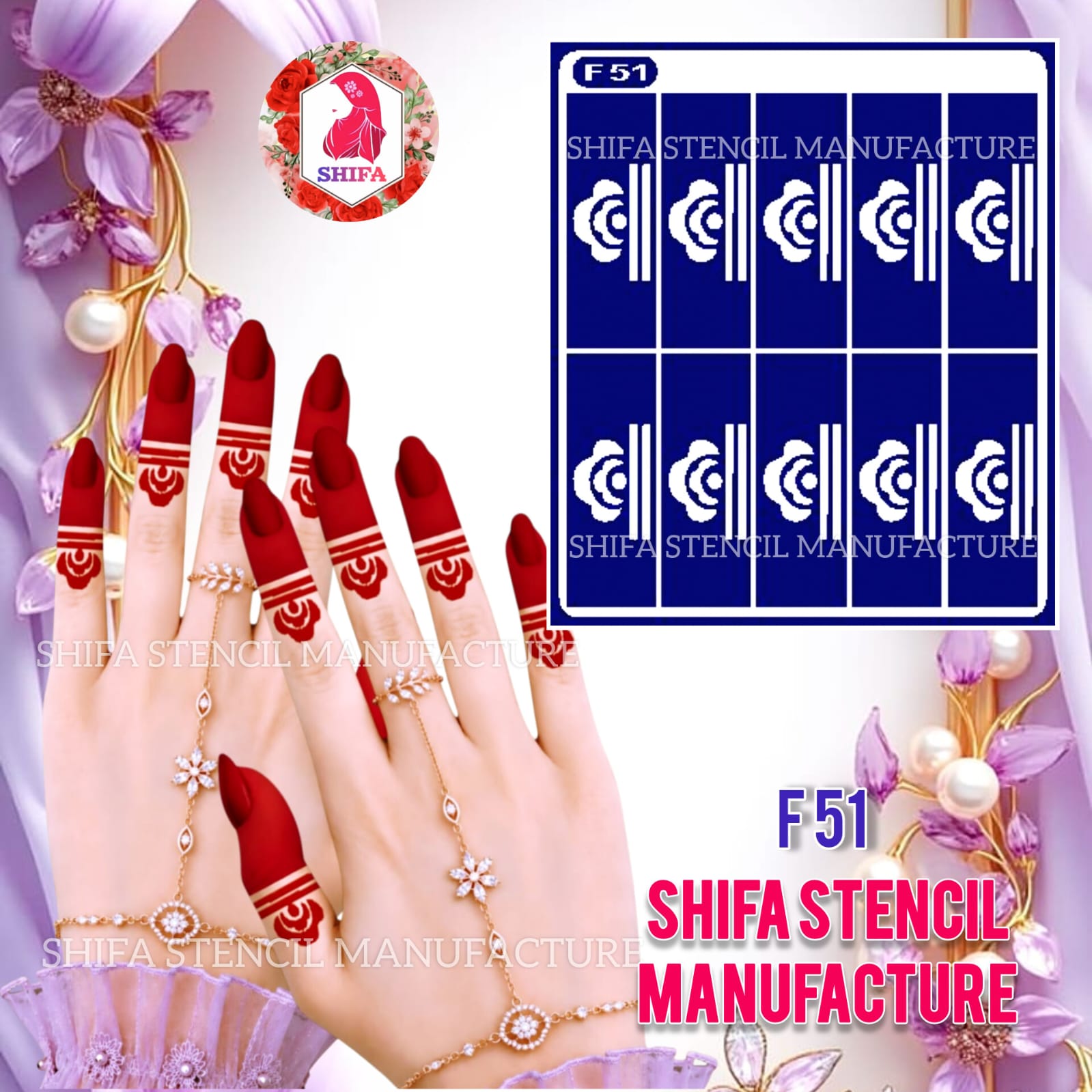 F 51 Royal Rose Band Fingertip Stencil Sticker Overview Henna Stencil - Shifa Stencil